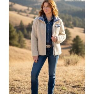 PENDLETON Western Sherpa Ivory & Plaid Full Zip Teddy Jacket Womens Small VTG